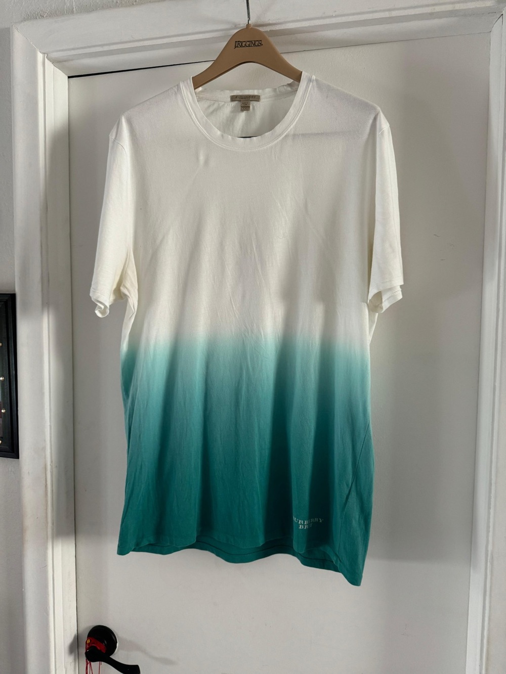 Burberry White to Teal Ombre Crew Neck T-Shirt